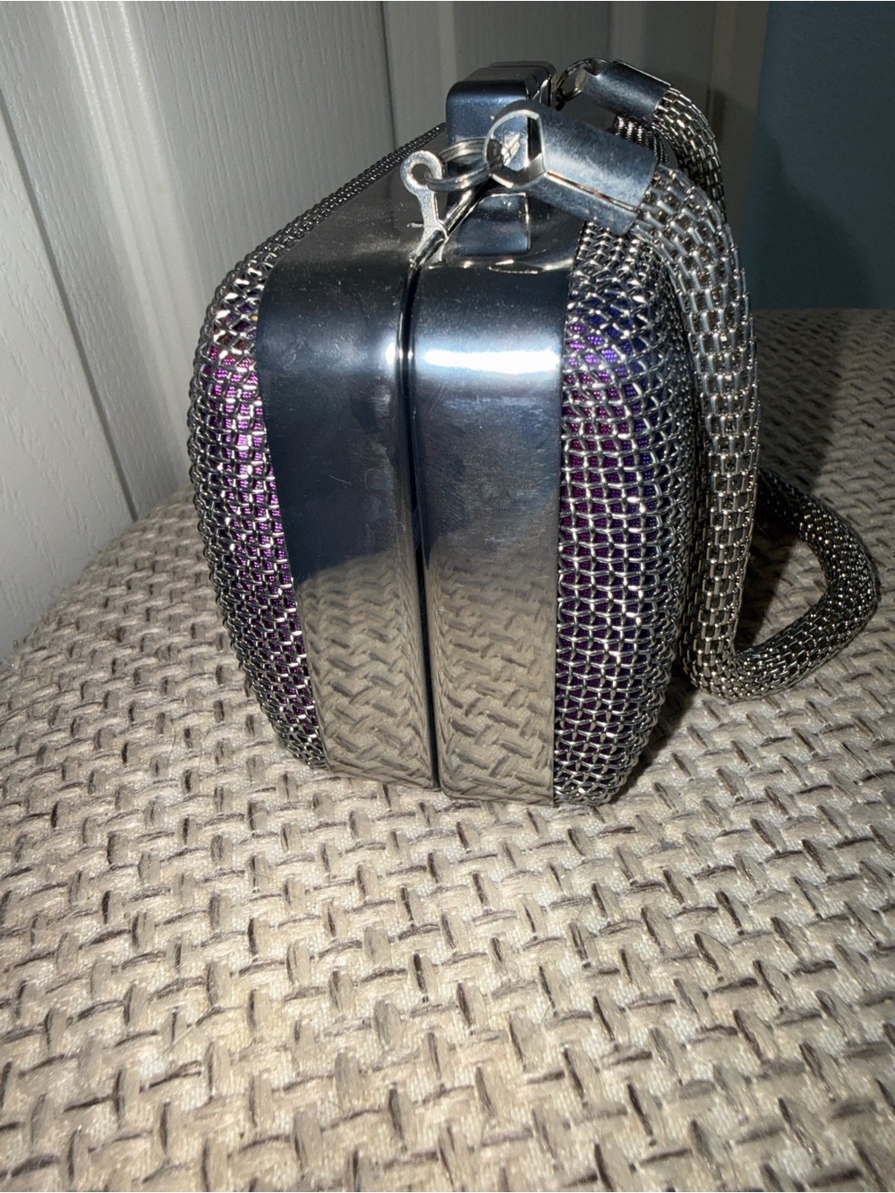 BCBGMAXAZRIA Blue Metallic Clutch Silver Chain Strap Clasp Party Formal - Picture 3 of 7